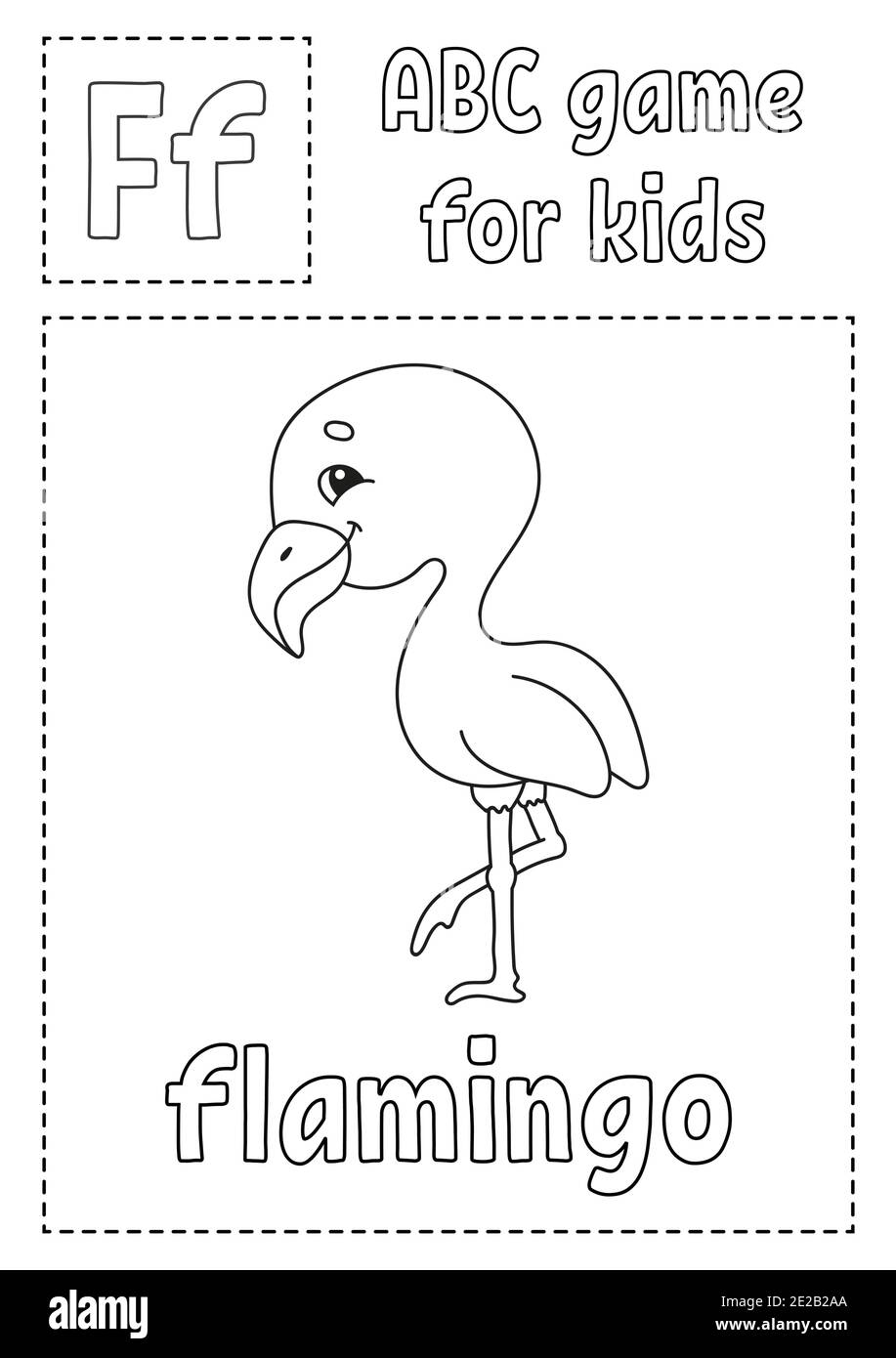 Letter F is for flamingo. ABC game for kids. Alphabet coloring page. Cartoon character. Word and letter. Vector illustration. Stock Vector