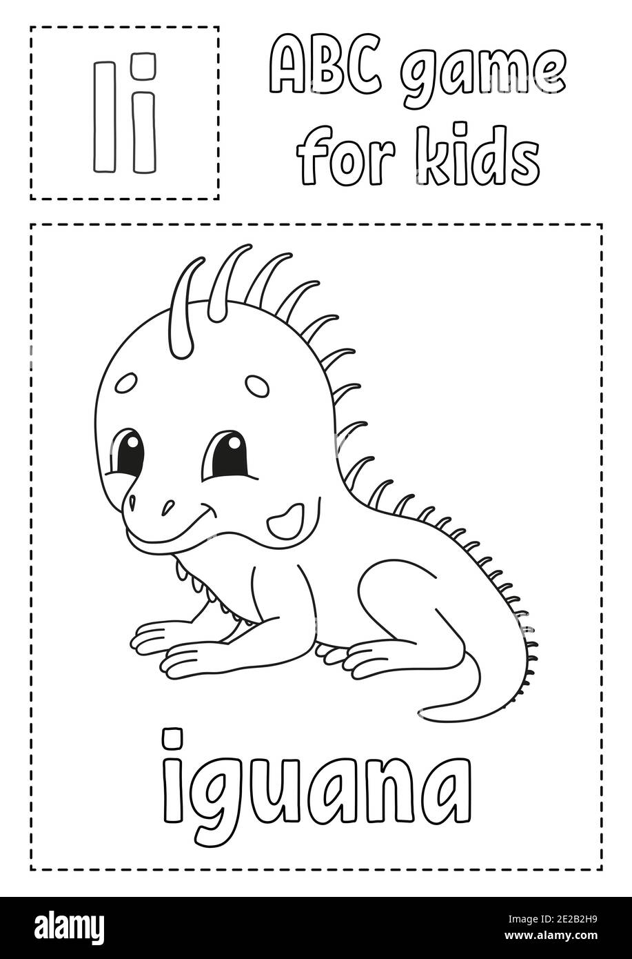 Letter I is for iguana. ABC game for kids. Alphabet coloring page. Cartoon character. Word and letter. Vector illustration. Stock Vector