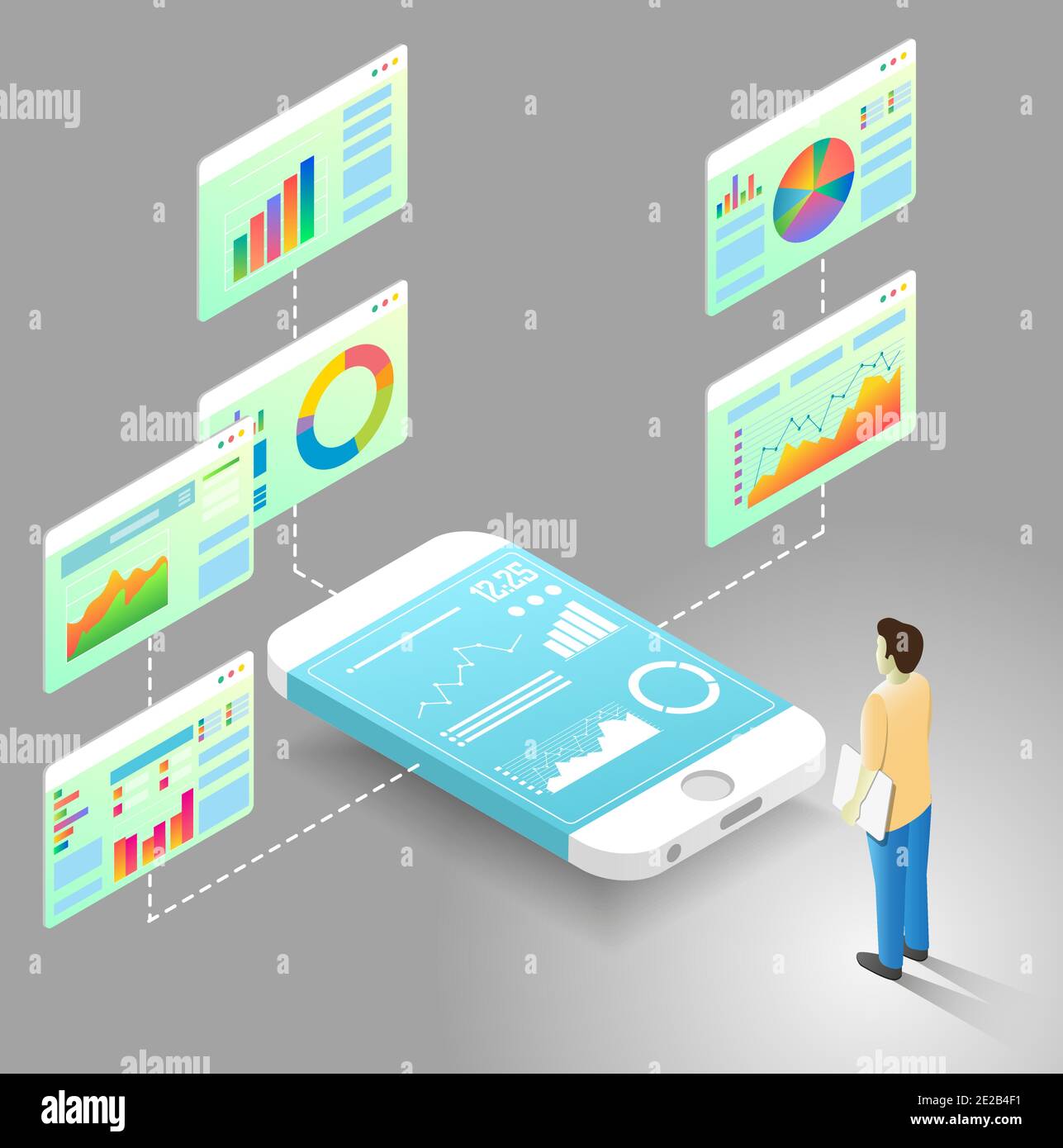 Mobile data analytics vector isometric flowchart Stock Vector