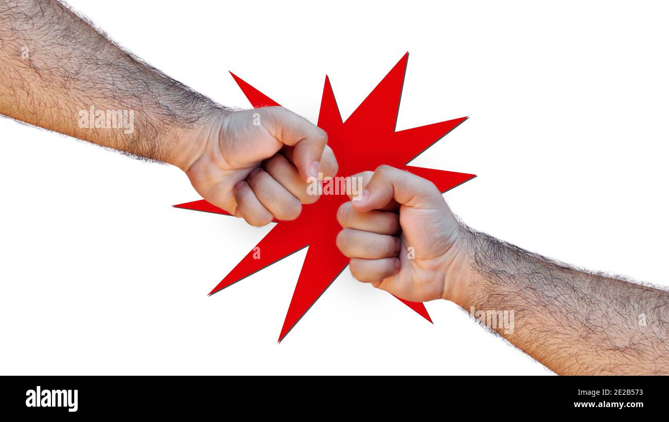 Shot of two hairy hands playing rock paper scissors on a red star-shaped and white background Stock Photo