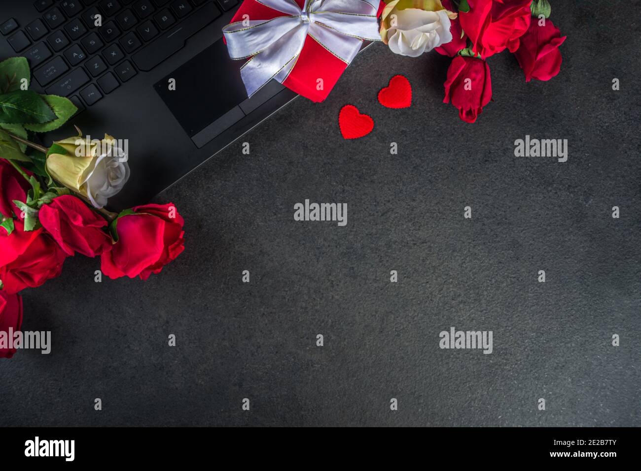 Valentine day greeting card with red rose flowers bouquet, wine and ...