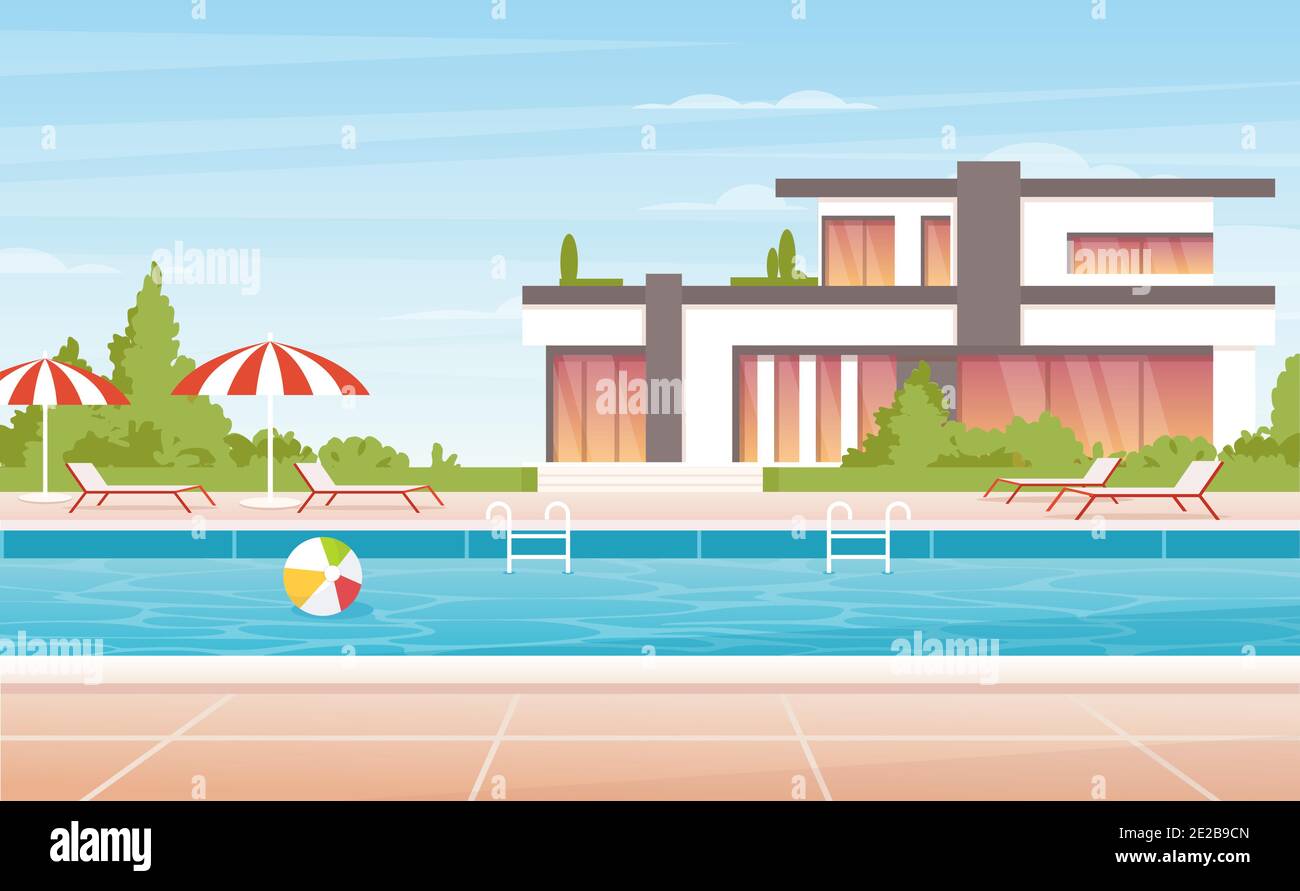 Cartoon no people luxury spa poolside with umbrella, lounge and modern mansion villa or tropical resort hotel building background. Water swimming pool Stock Vector