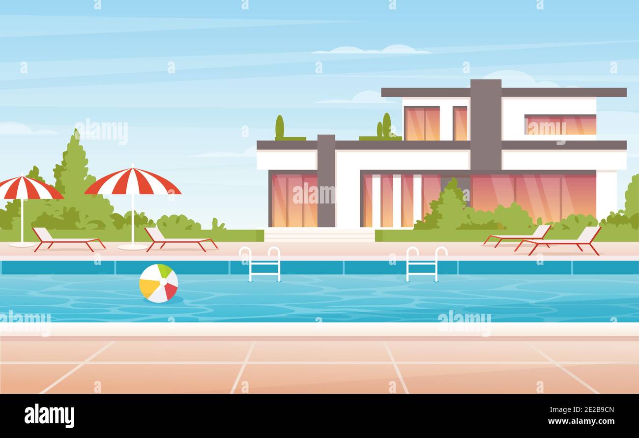 Cartoon no people luxury spa poolside with umbrella, lounge and modern ...