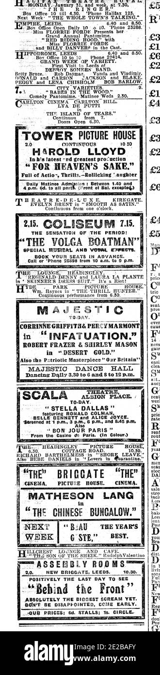 Cinema Advertising, local newspaper advertisements for silent cinema showings from 1927 Yorkshire Evening Post Stock Photo