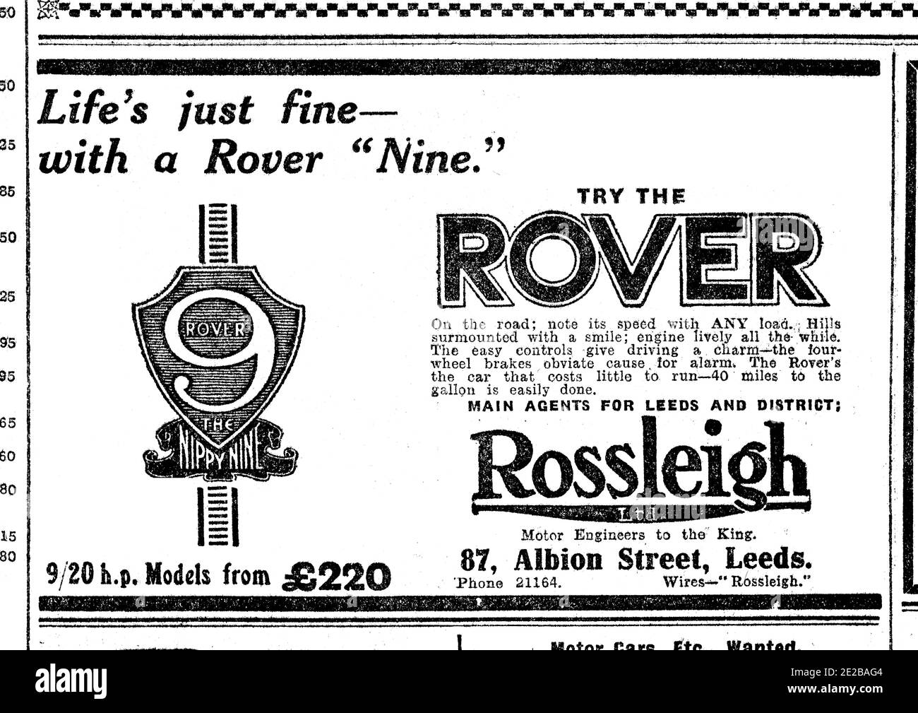 Motor Advertising, Rover 9 (the nippy nine) car, local newspaper advertisement from 1927 Yorkshire Evening Post Stock Photo