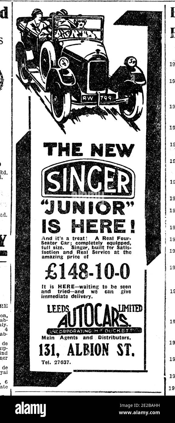 Motor Advertising, Singer Junior car local newspaper advertisement,  from 1927 Yorkshire Evening Post Stock Photo