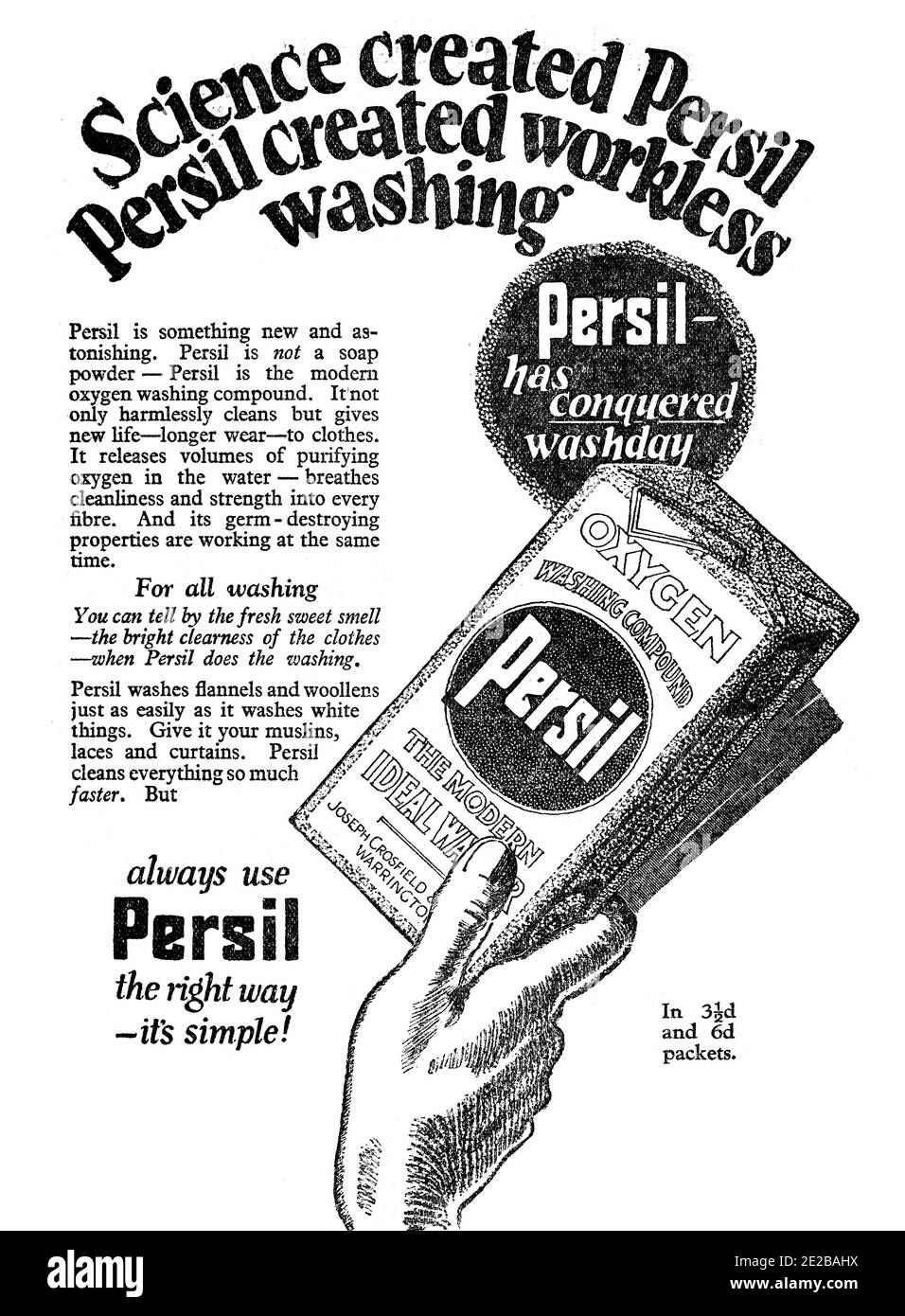 Detergent Advertising, Persil washing powder  local newspaper advertisement,  from 1927 Yorkshire Evening Post Stock Photo