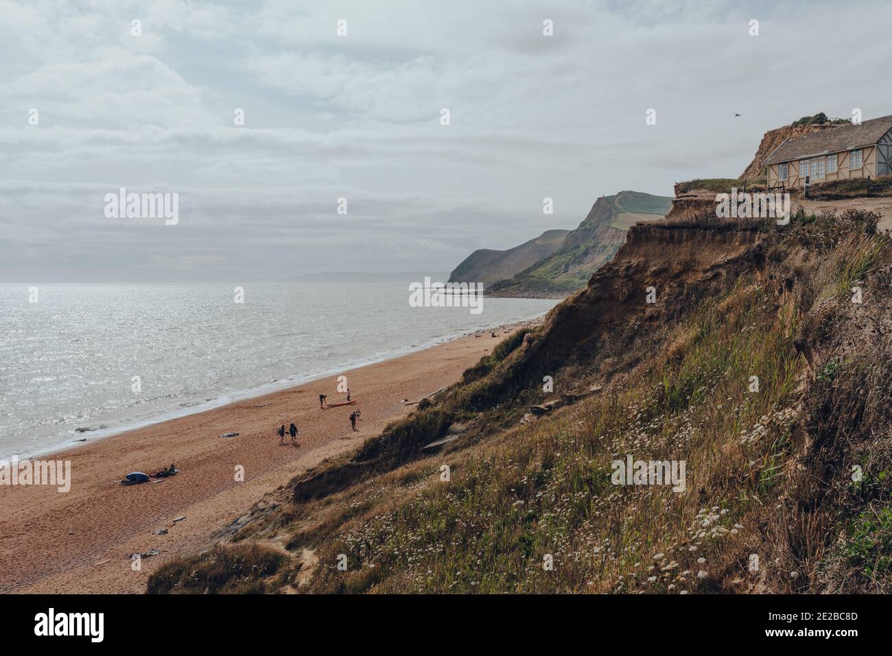 Eype Beach, UK - July 25, 2020: Scenic view of the Eype Beach and Jurassic Coast, a World Heritage Site on the English Channel coast of southern Engla Stock Photo