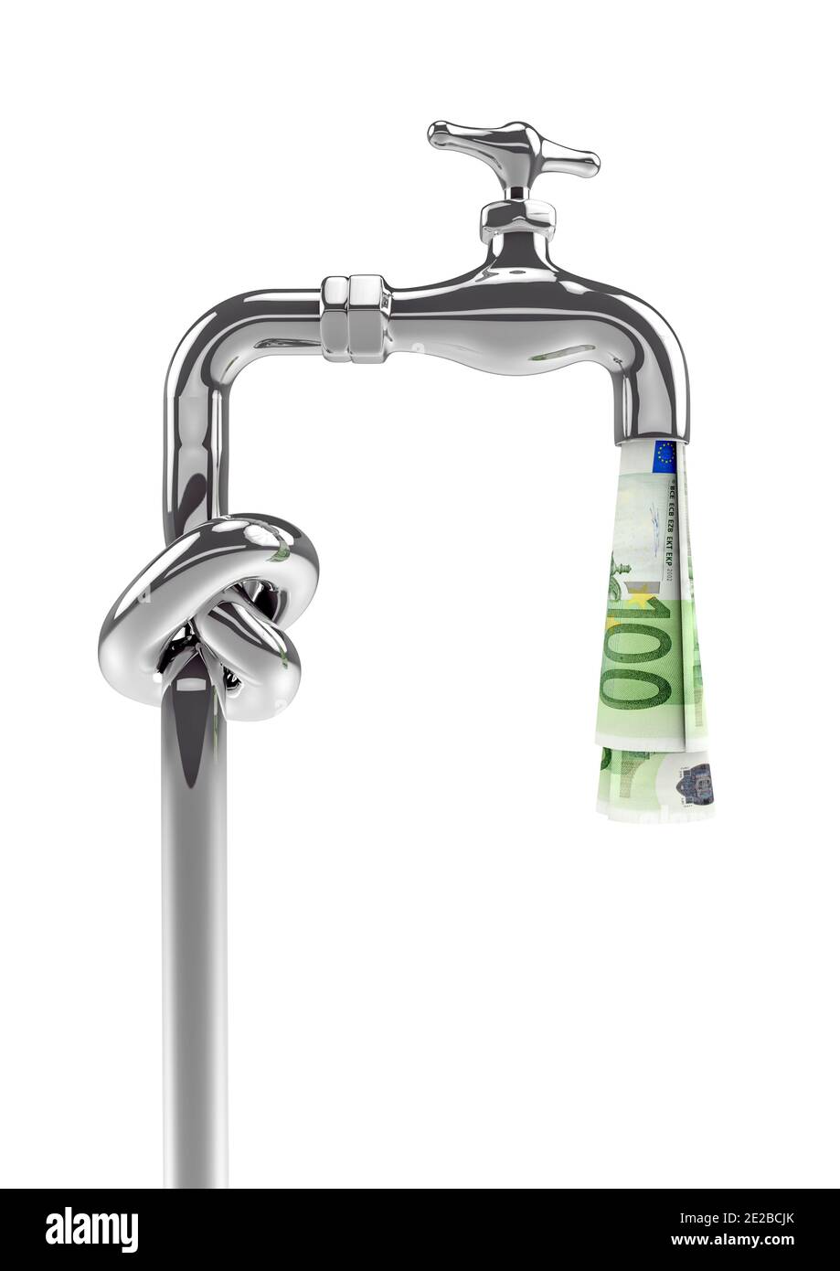 Knot tap money faucet euros / 3D illustration of chrome tap with knotted pipe shutting off funds of hundred euro notes isolated on white studio backgr Stock Photo