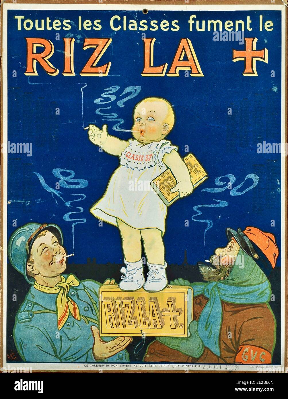 Vintage advertising poster using an image of a child to promote the sale of riz-la cigarette papers and a life long habit of smoking. Stock Photo