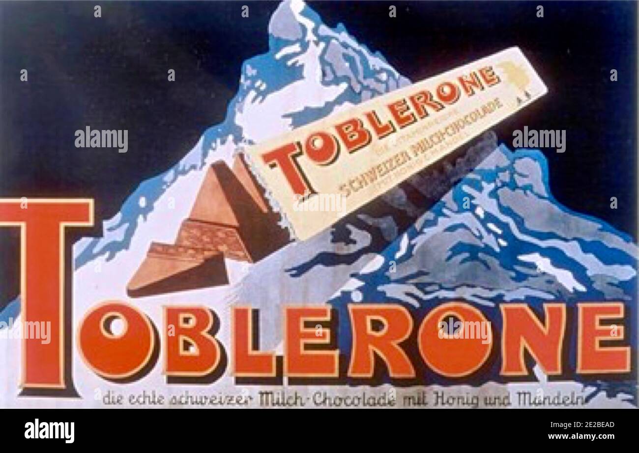 Vintage adverting poster for Toblerone. There is the image of a bear, symbol of Bern, on the mountainside on the side of the packet.  Regardez là. Stock Photo