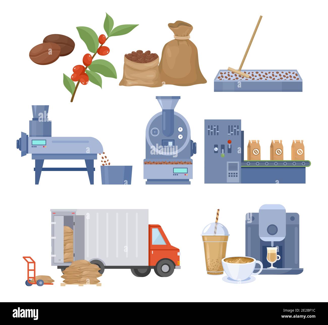 Coffee production vector illustration set. Processing and roasting coffee beans, making coffee. Stock Vector