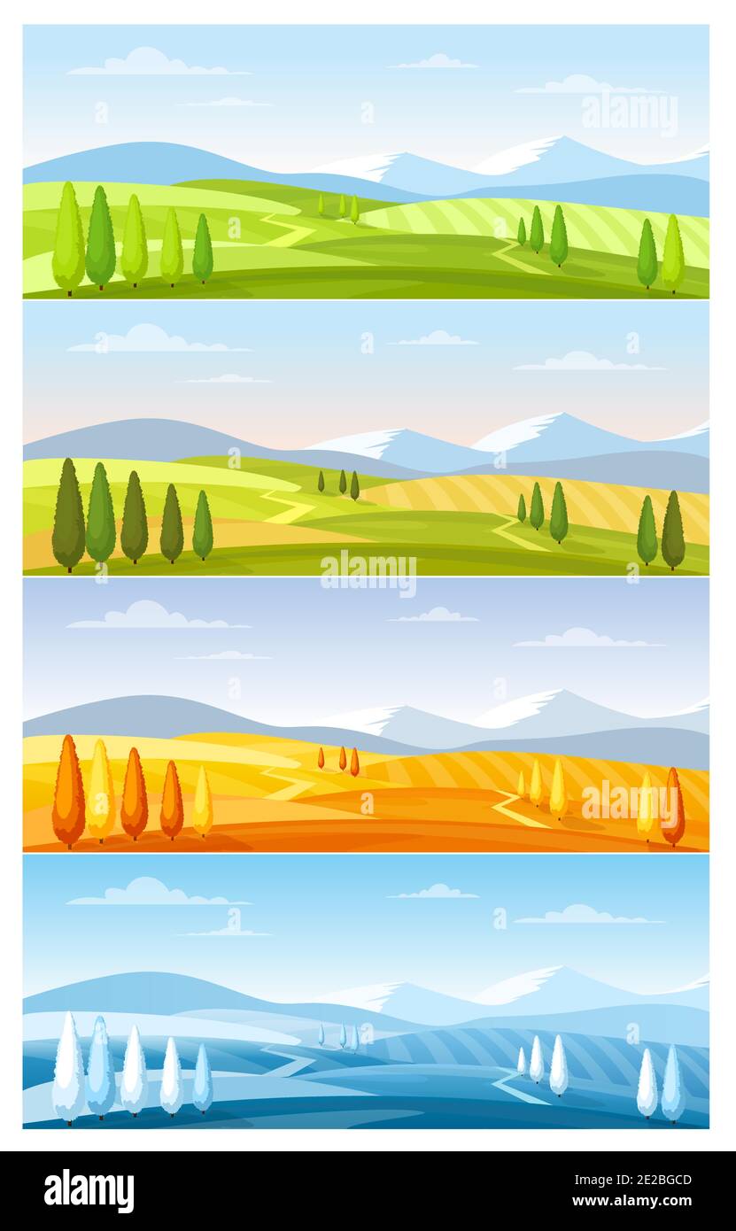 Mountain nature landscape in four seasons set, natural rural agricultural farm fields Stock Vector