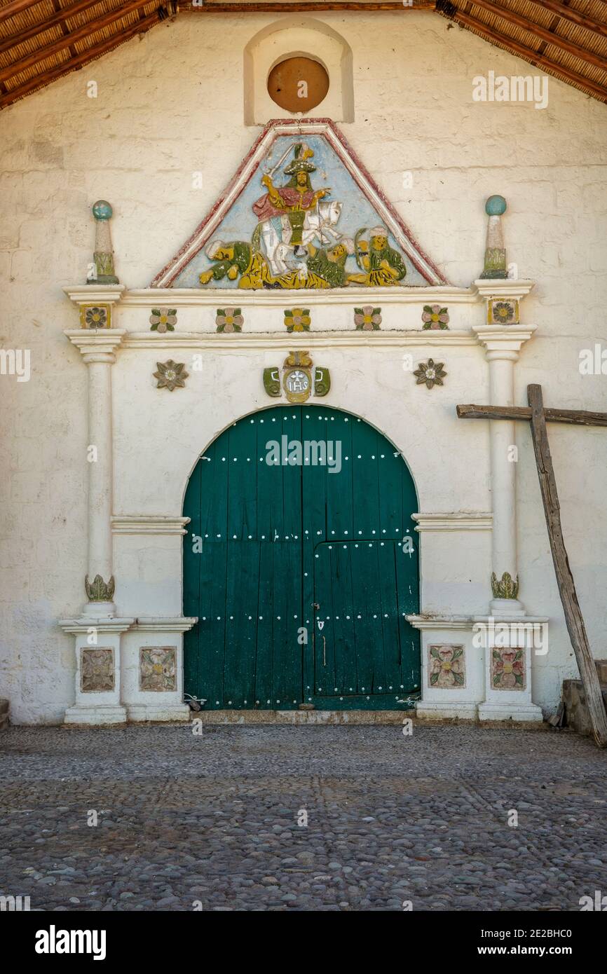 Entrance, San Santiago (St. James) Church, Madrigal, Colca Canyon, Arequipa, Peru Stock Photo
