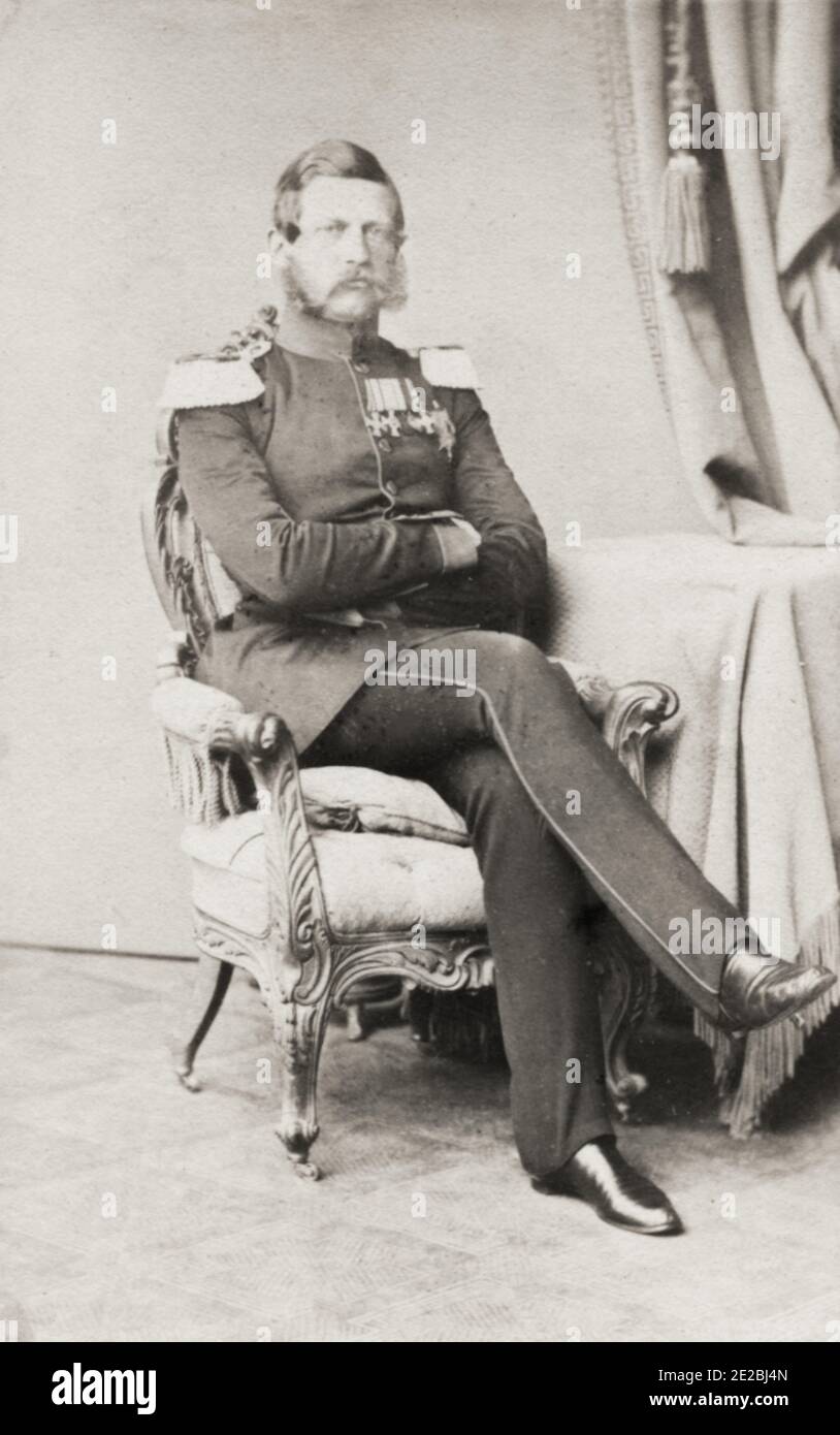 Vintage 19th century  photograph: Frederick III  18 October 1831 – 15 June 1888) was German Emperor and King of Prussia for ninety-nine days in 1888, the Year of the Three Emperors. Known informally as 'Fritz',[1] he was the only son of Emperor Wilhelm I. Photographed c.1860 as Crown Prince of Prussia. Stock Photo