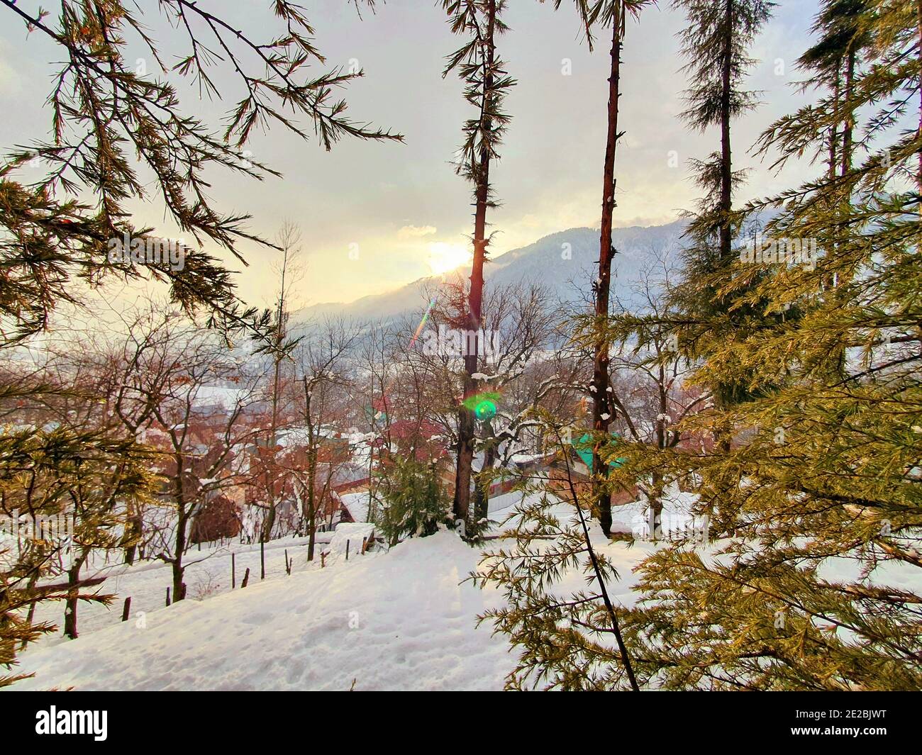 Snow fall in Jammu and Kashmir is common from December to February, snowing attracts tourists and winter games are also played on snow. Stock Photo