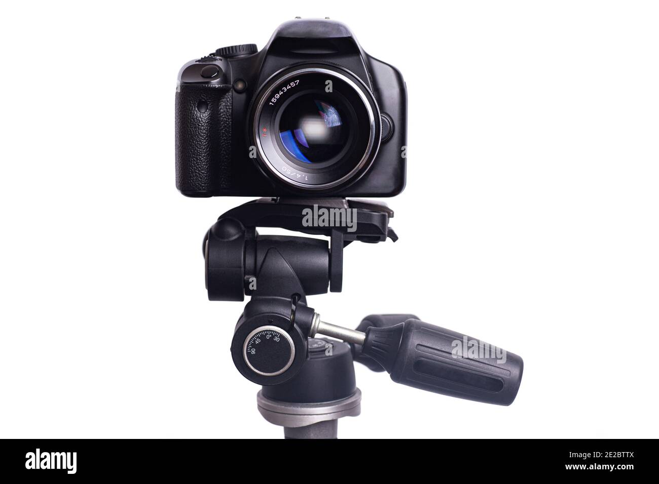 Digital photo camera on black tripod isolated on white background Stock ...