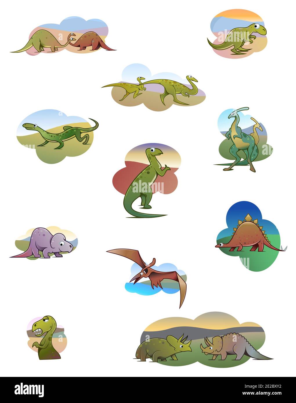 Cartoon style illustration - Collection of funny cute dinosaurs Stock Photo