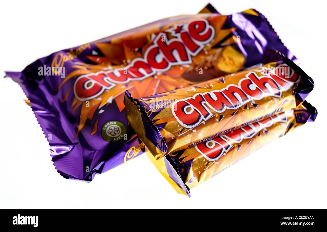 Norwich, Norfolk, UK – December 24 2020. An illustrative editorial photo of a close up of a multi pack of Cadbury Crunchie chocolate bars Stock Photo