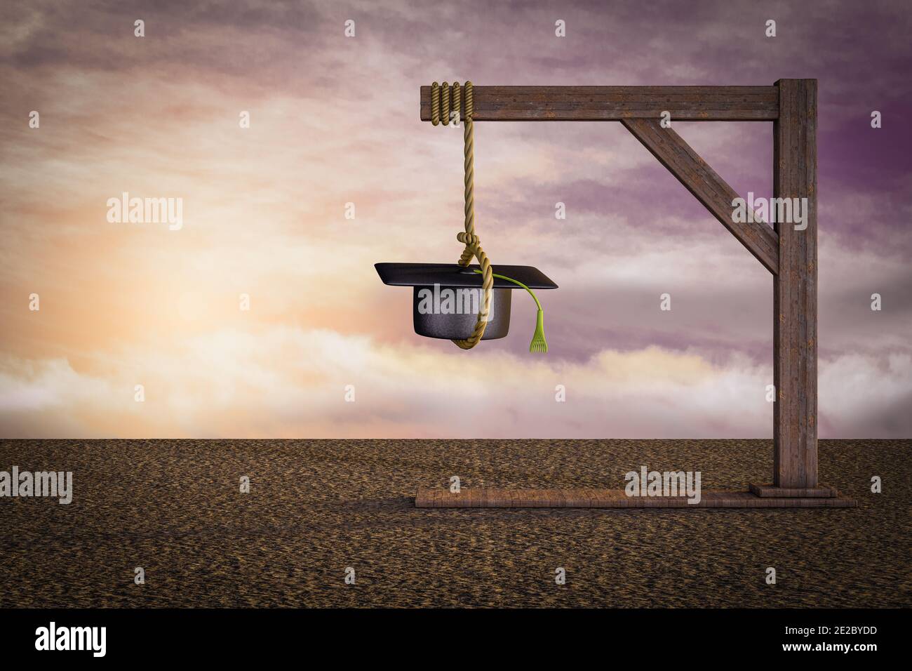Graduate cap on Gallows at sunset magenta day demonstrating knowledge struggle concept. 3D Illustration Stock Photo