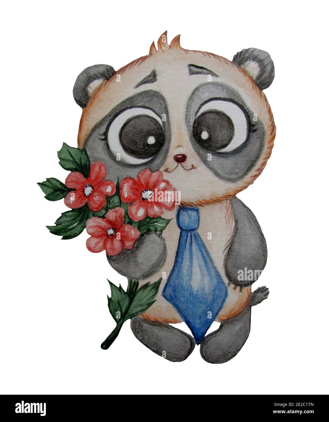 Cute bear. Panda Groom in a blue tie and with red flowers in a paw on a  white background. Watercolor. Hand drawing. Cute illustration Stock Photo -  Alamy