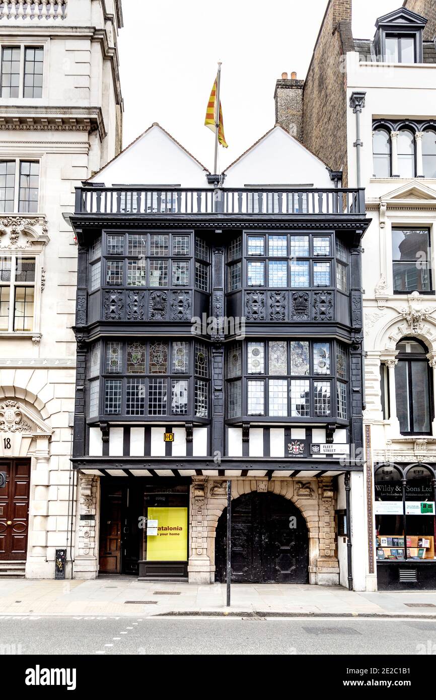 Exterior of Jacobean style building housing Prince Henry's Room, one of the few building that survived the Great Fire of London, Fleet Street, London, Stock Photo