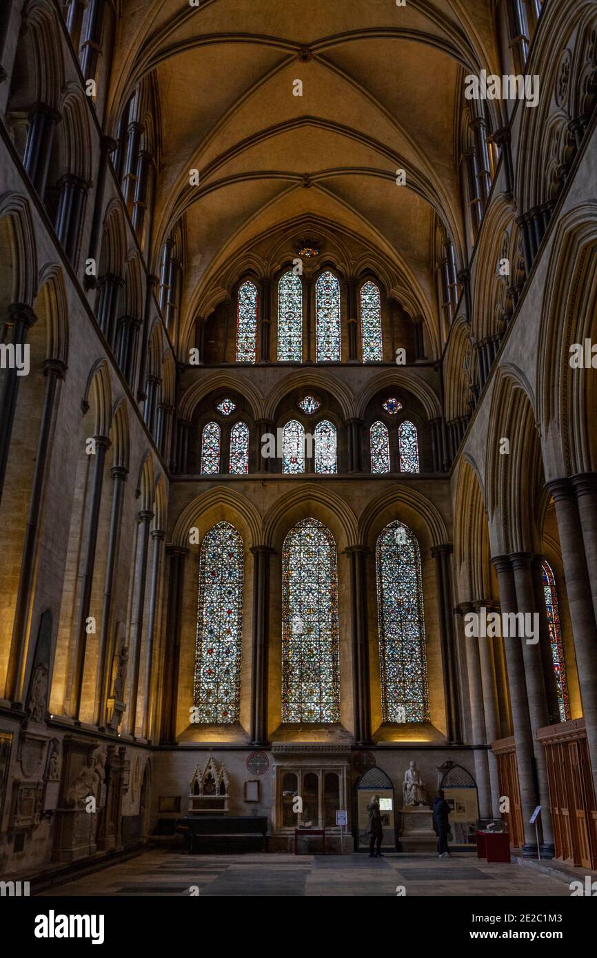 General view down the nave in Salisbury Cathedral, (Cathedral Church of the Blessed Virgin Mary), an Anglican cathedral in Salisbury, Wiltshire, UK. Stock Photo