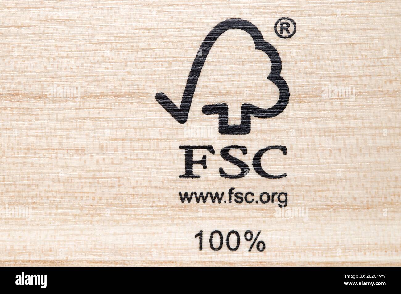 FSC Certified Stamp on soft wood grain. The Forest Stewardship Council (FSC)  logo is stamped on wood that complies with environmental standards Stock  Photo - Alamy