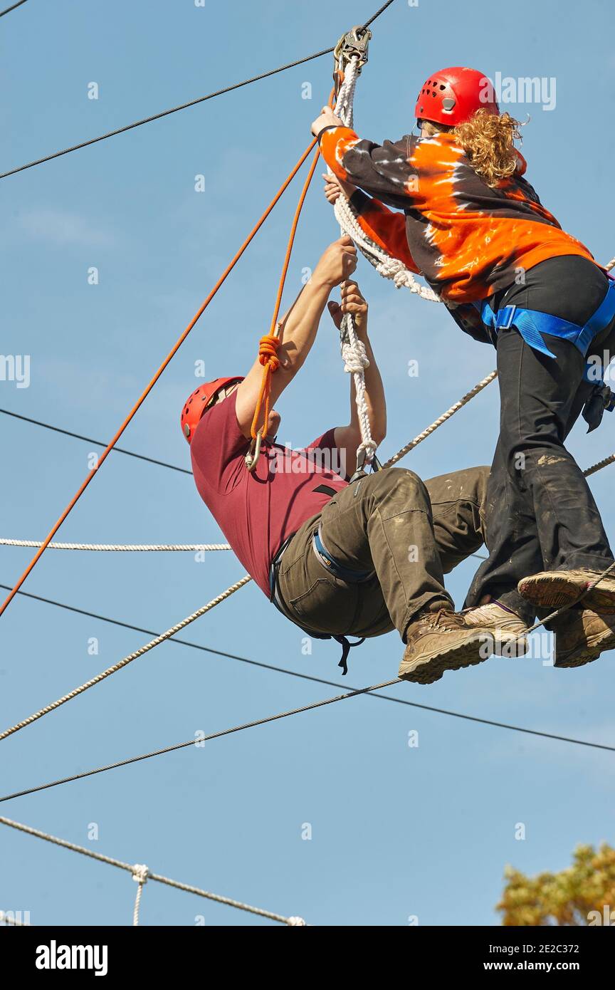 High ropes/challenge course staff safety & rescue training Stock Photo