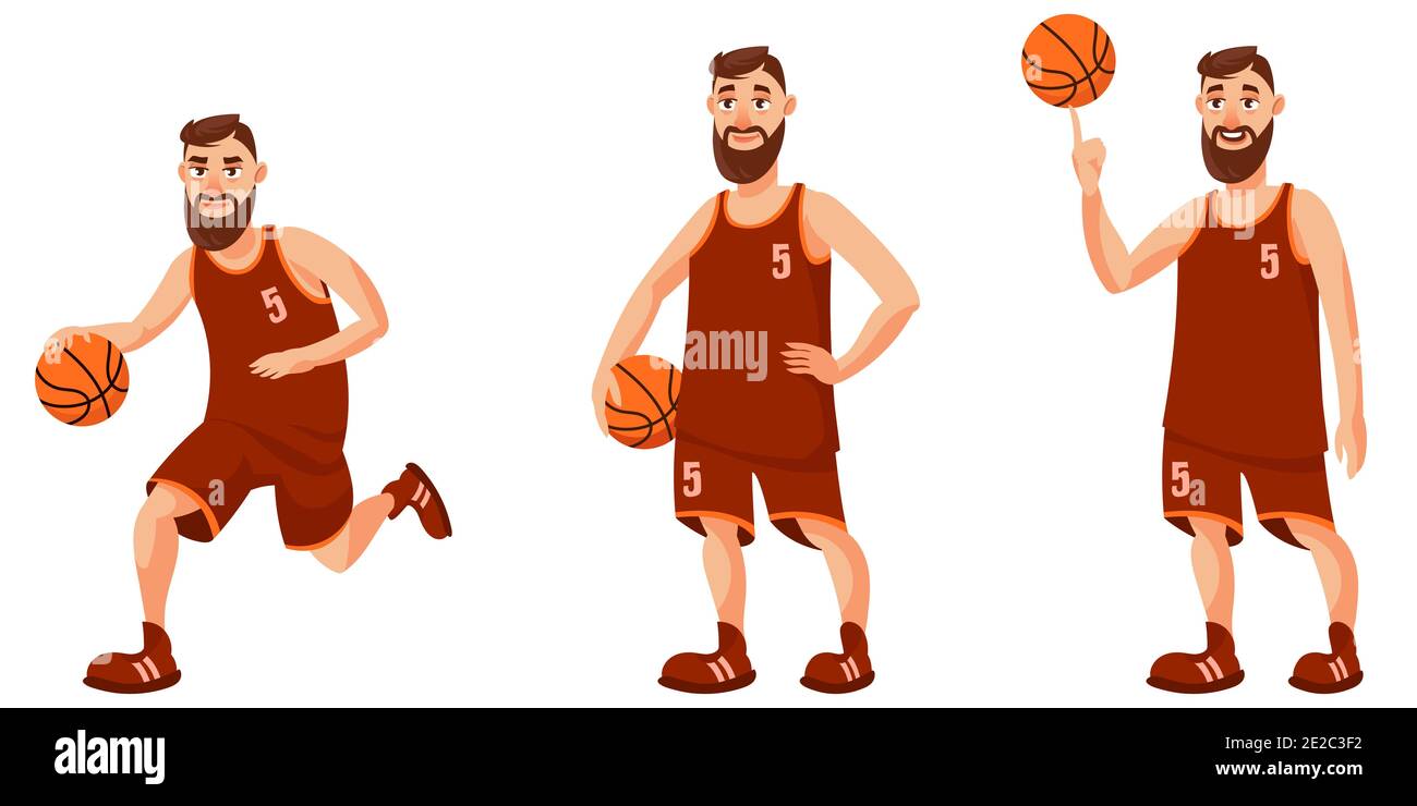Basketball player in different poses. Male person in cartoon style. Stock Vector