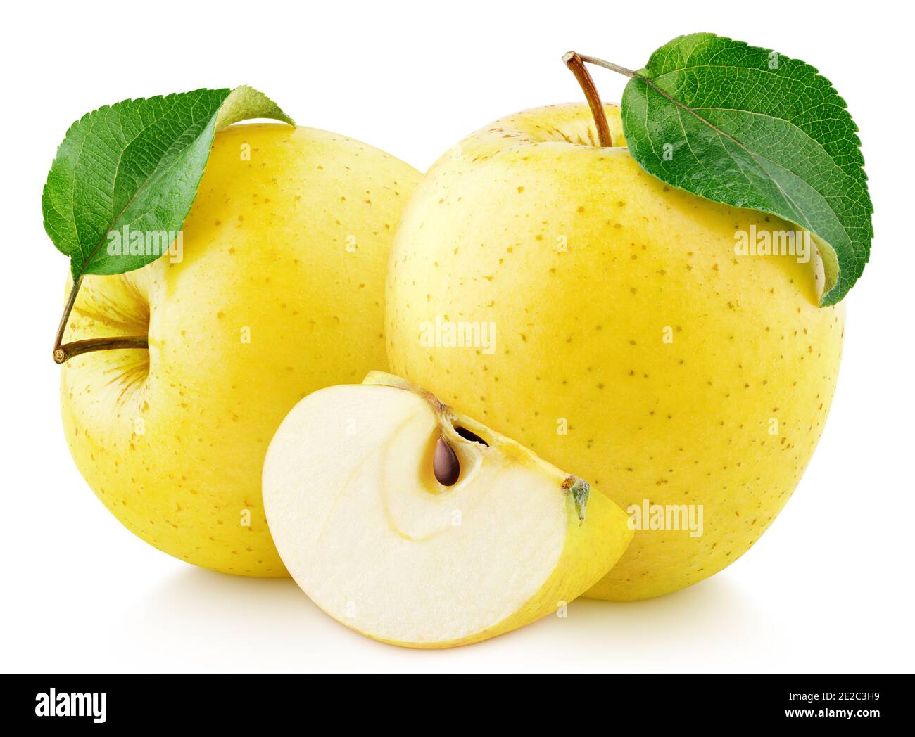 Yellow apple fruit with green leaf and slice isolated on white background. Golden apple with clipping path. Full Depth of Field Stock Photo