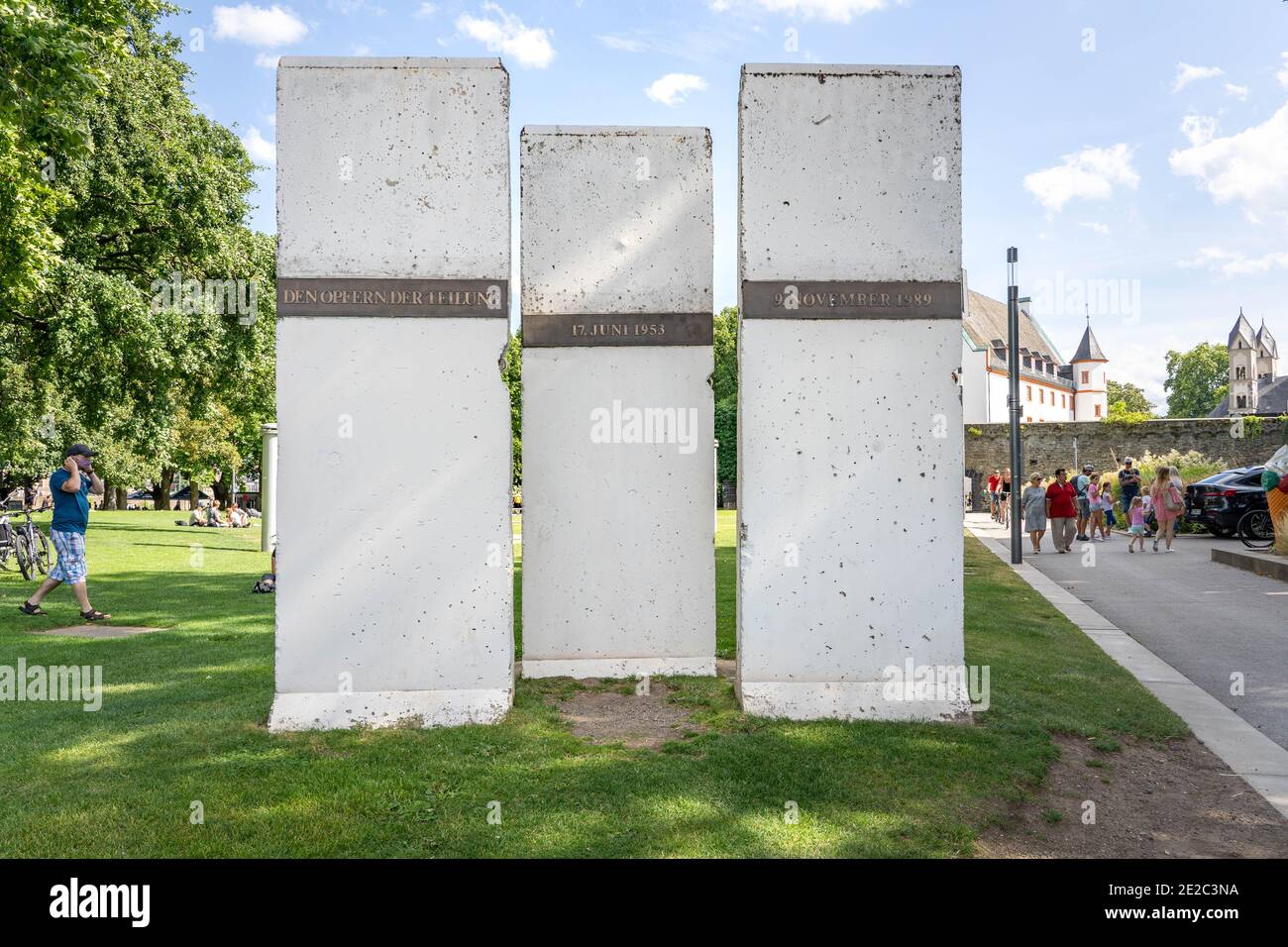 Koblenz, Germany - Aug 1, 2020: 3 monolith of memorial wall in city park Stock Photo