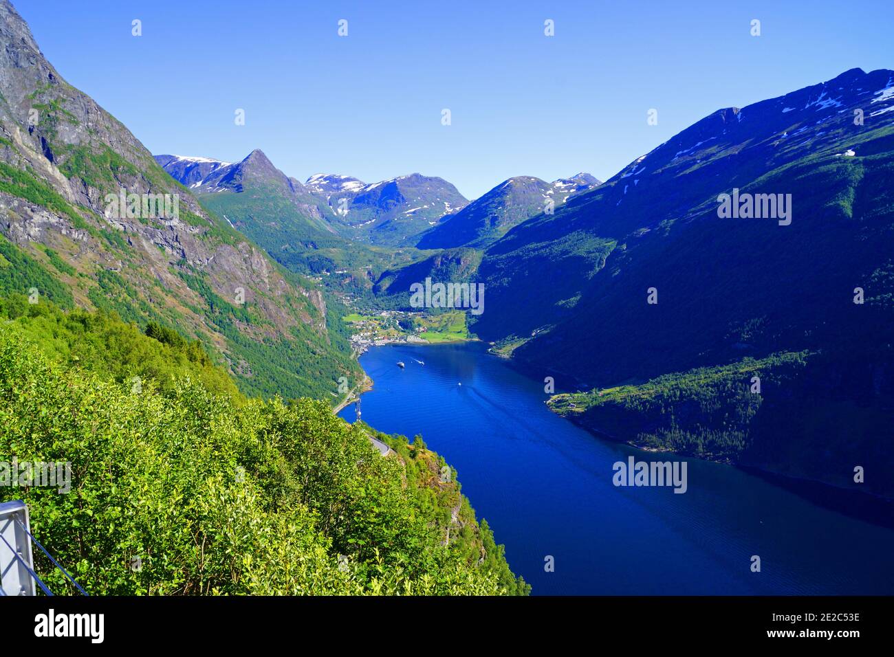 Amazing view over the Geirangerfjord and Geiranger village in Norway. Stock Photo