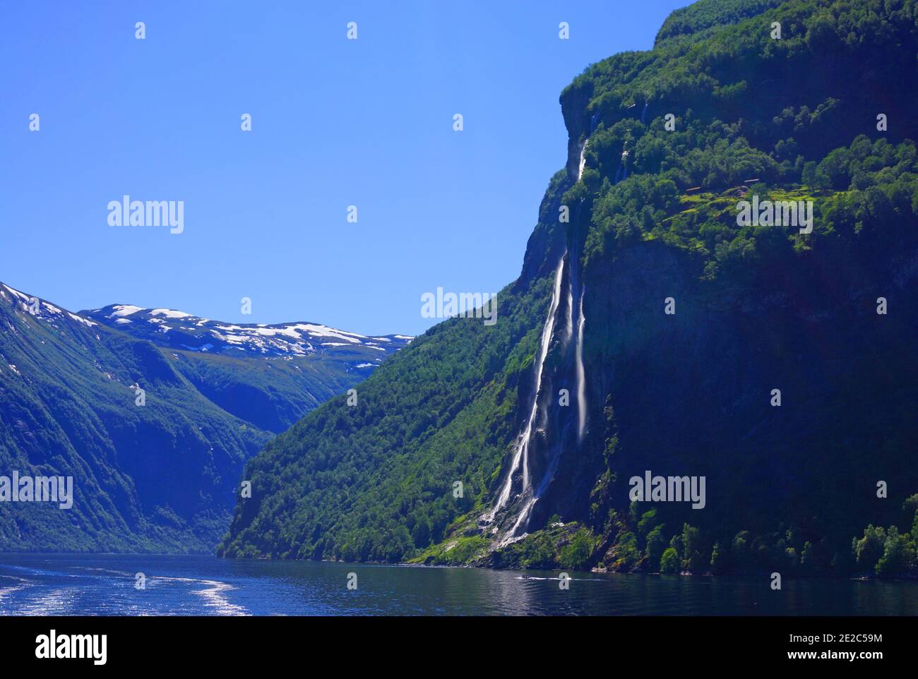 The 400 meter high Seven Sisters waterfall in Geiranger, Norway. Stock Photo