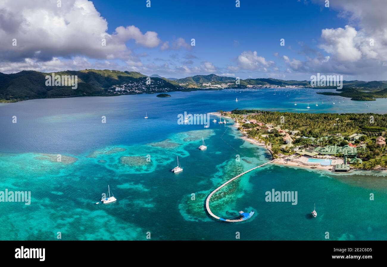 Beach in Caribbean island bay in Antilles with transparent turquoise sea water and coral reefs, aerial drone panorama, white sand and coconut palm tre Stock Photo