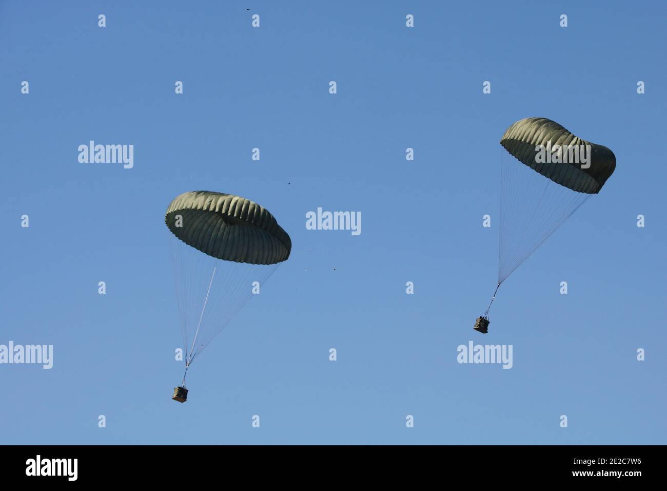 Military army parachutes paratroopers jump in blue sky from airplane ceremony day. Armed Forces special battalion staff exercise. National defense Stock Photo