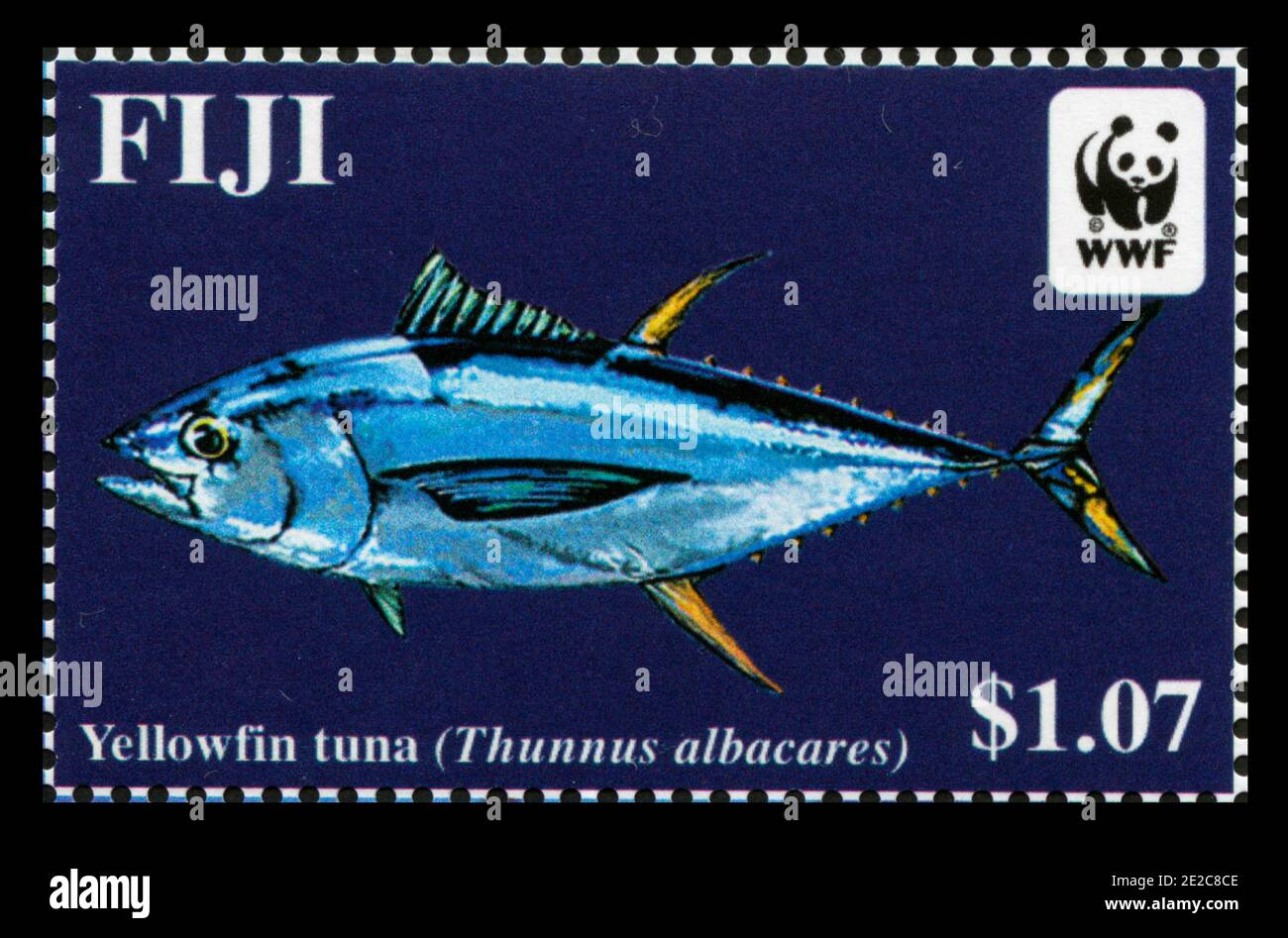 Stamp print in Fiji,fish,Yellowfin tuna,Thunnus albacares Stock Photo