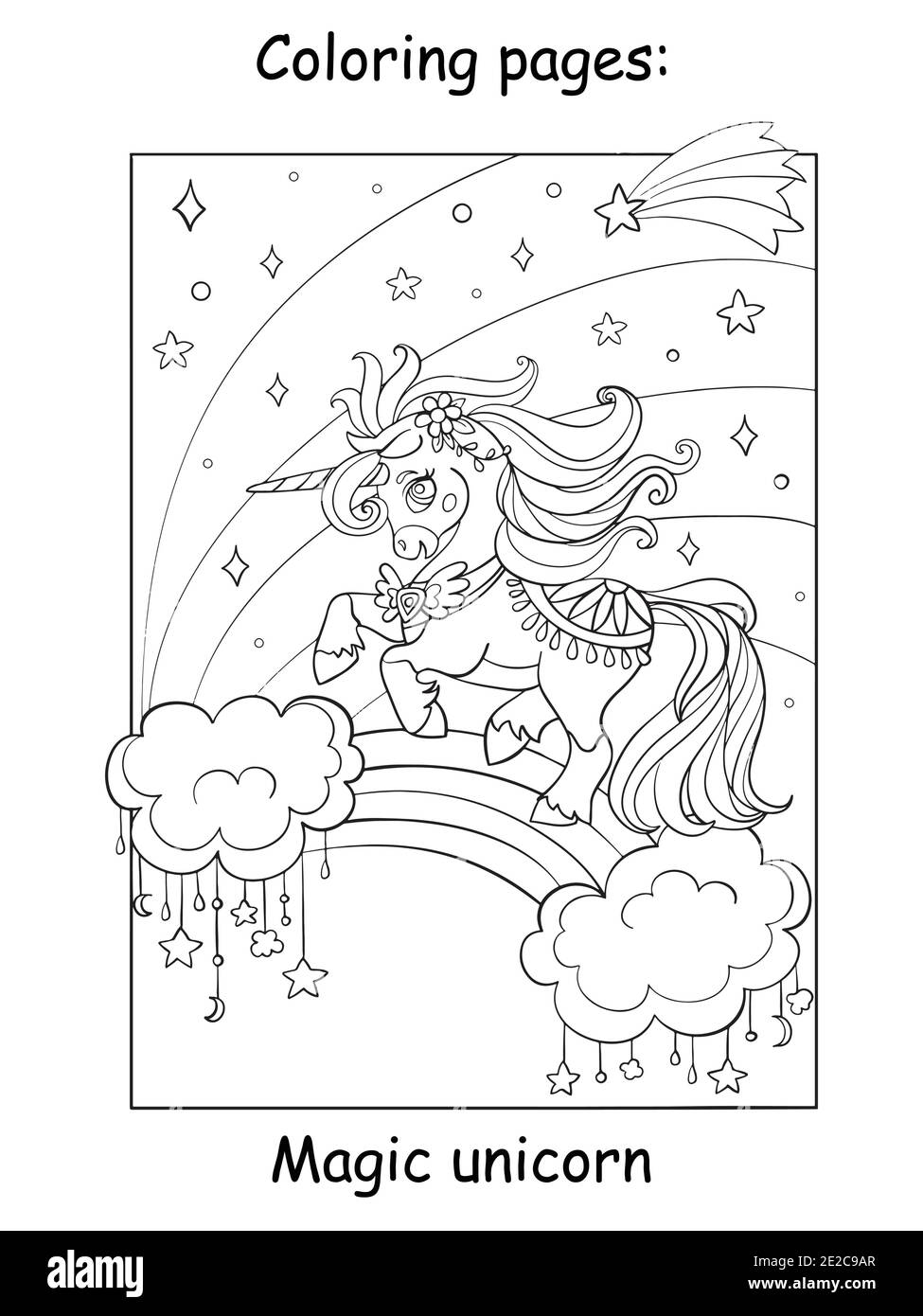 Cute unicorn running on rainbow in the night sky. Coloring book page ...