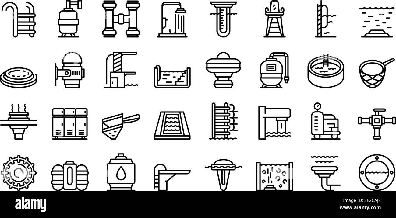 Equipment for pool icons set. Outline set of equipment for pool vector ...