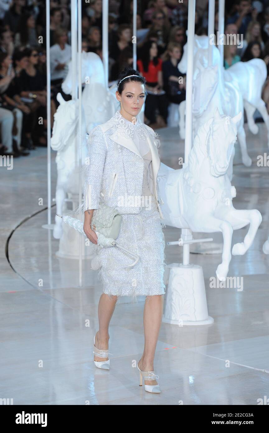 A model displays a creation by designer Marc Jacobs for Louis Vuitton  Spring-Summer 2012 Ready-To-Wear collection show held at La cour Carree du  Louvre, in Paris, France, on October 5, 2011. Photo