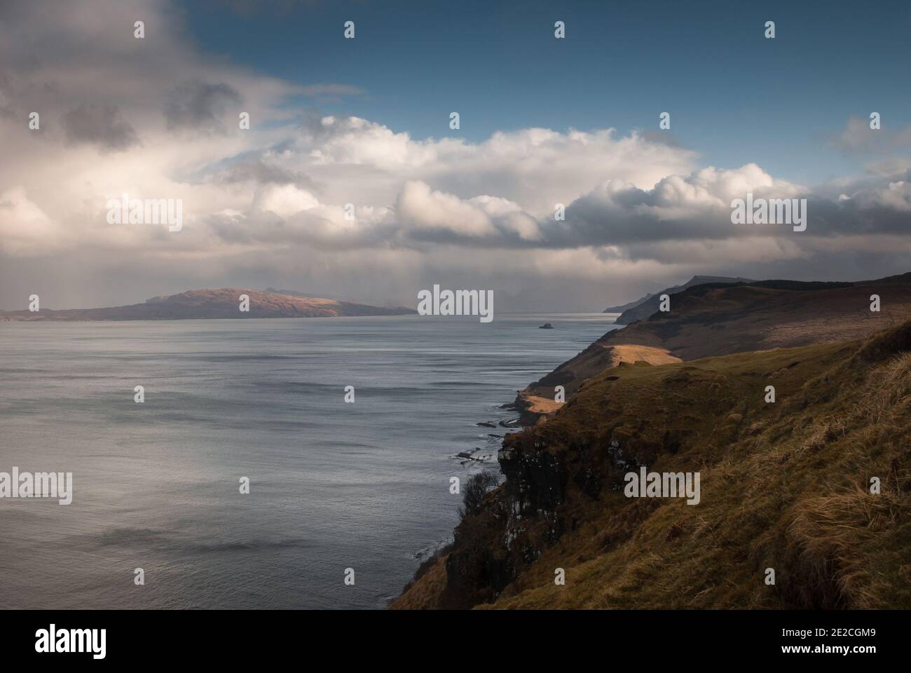 View looking south from the Trotternish peninsula down the Sound of Raasay towards the red Cuillin, Isle of Skye. Stock Photo