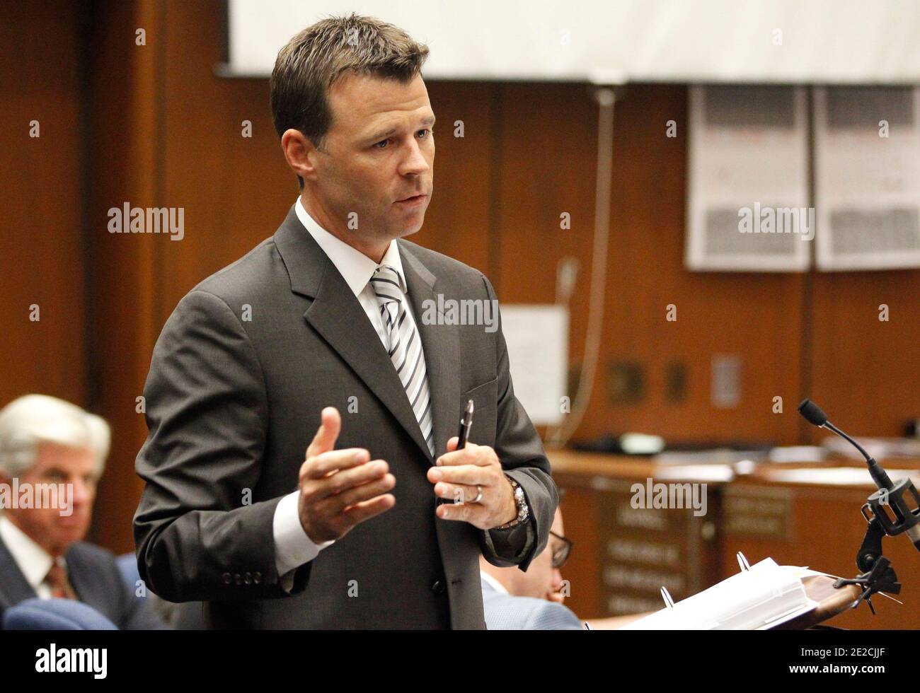 Deputy District Attorney David Walgren questions LAPD Detective Scott Smith during Dr.Conrad Murray's trial in the death of pop star Michael Jackson in Los Angeles on October 07, 2011. Photo by Mario Anzuoni/Pool/ABACAPRESS.COM Stock Photo