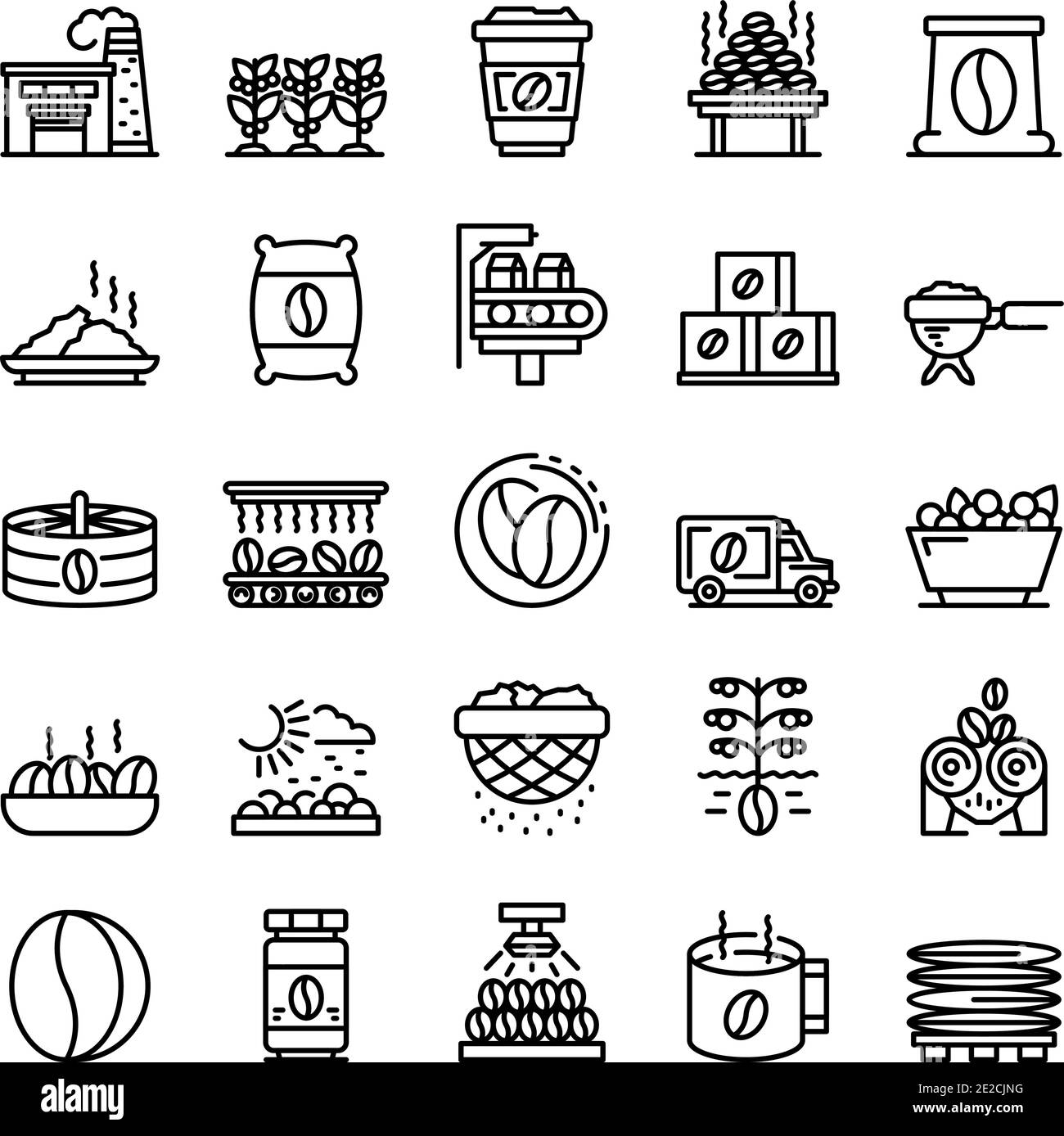 Coffee production icons set. Outline set of coffee production vector icons for web design isolated on white background Stock Vector