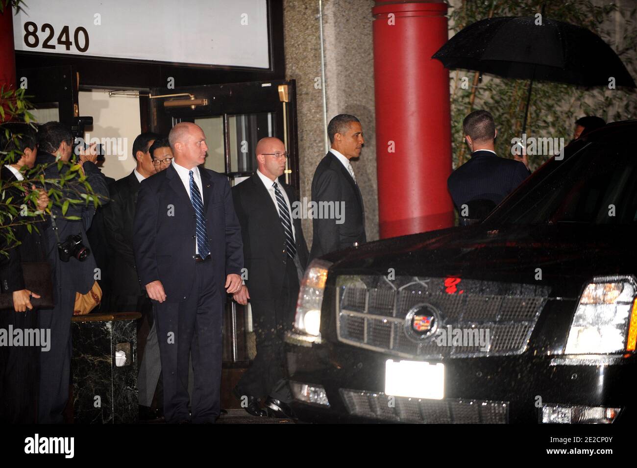 US President Barack Obama leaves after dinner with South Korean President Lee Myung-bak at Woo Lae Oak restaurant in Vienna, VA, USA, October 12, 2011. Photo by Olivier Douliery/ABACAPRESS.COM Stock Photo