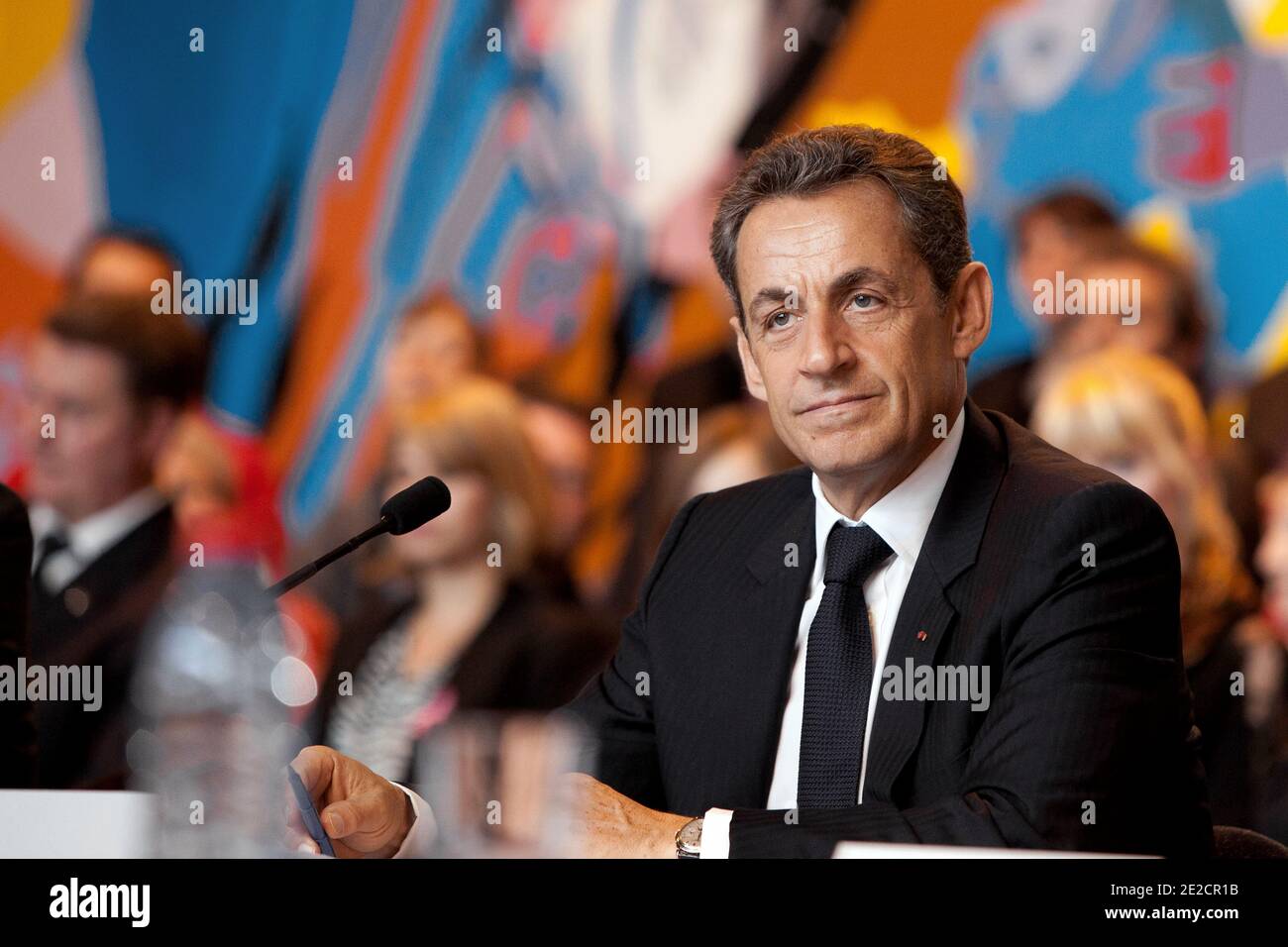 French President Nicolas Sarkozy attends a debate on Culture at the Charles de Gaulle gymnasium in Chaumont on October 13, 2011, following the inauguration of the Pompidou Mobile, the Nomad Georges Pompidou museum that brings art to France's provinces. Pompidou Mobile and its travelling tent structure, which opens for three months in Chaumont for its first stop, will present fourteen modern masterpieces by modern art Pablo Picasso, Fernand Leger, Henri Matisse and Alexander Calder. Photo by Stephane Lemouton/ABACAPRESS.COM Stock Photo