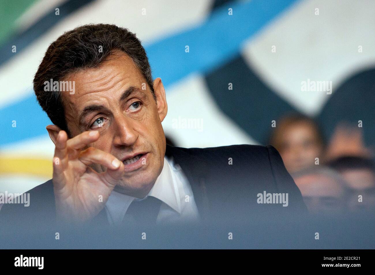 French President Nicolas Sarkozy attends a debate on Culture at the Charles de Gaulle gymnasium in Chaumont on October 13, 2011, following the inauguration of the Pompidou Mobile, the Nomad Georges Pompidou museum that brings art to France's provinces. Pompidou Mobile and its travelling tent structure, which opens for three months in Chaumont for its first stop, will present fourteen modern masterpieces by modern art Pablo Picasso, Fernand Leger, Henri Matisse and Alexander Calder. Photo by Stephane Lemouton/ABACAPRESS.COM Stock Photo