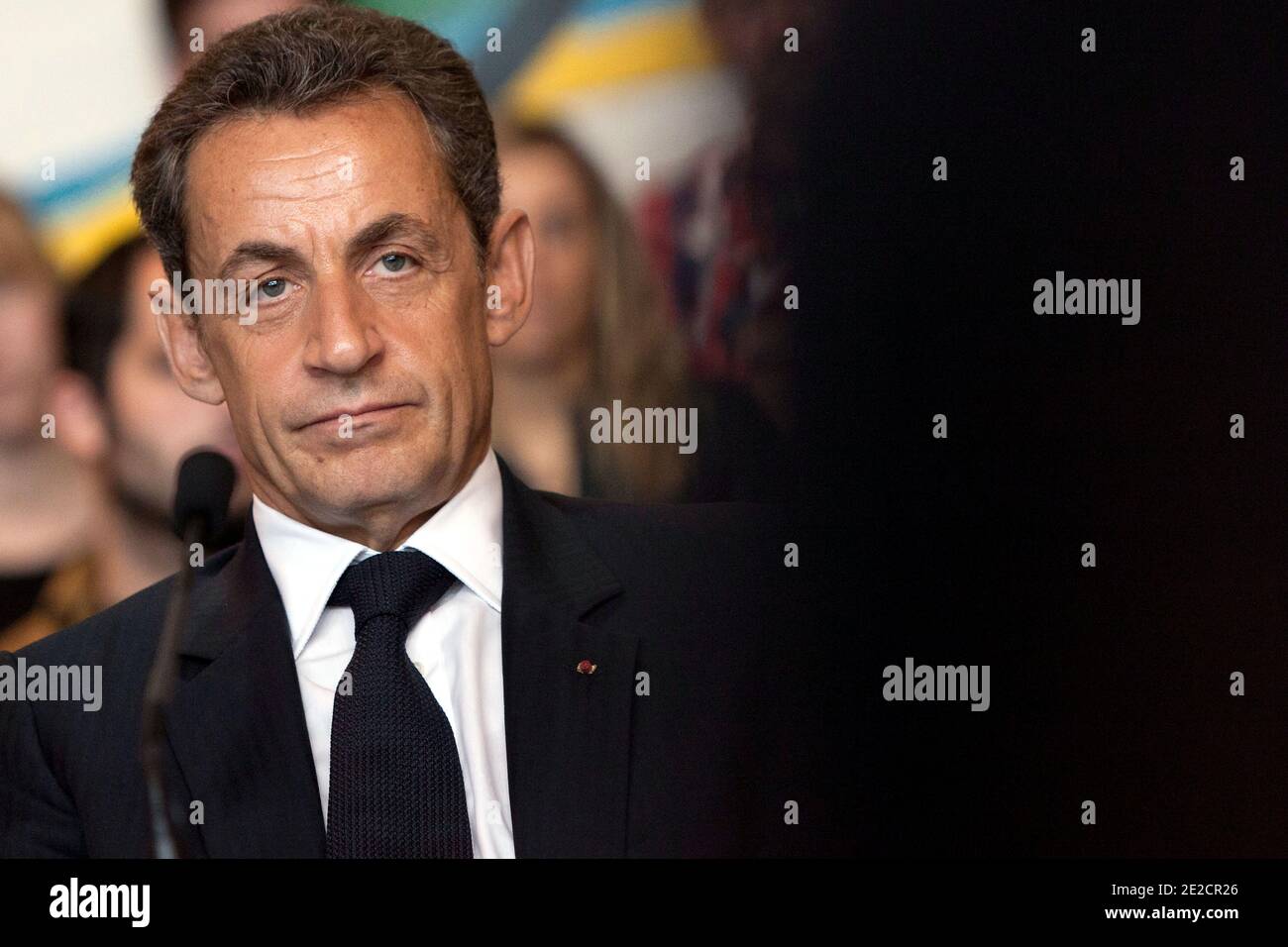 French President Nicolas Sarkozy attends a debate on Culture at the Charles de Gaulle gymnasium in Chaumont on October 13, 2011, following the inauguration of the Pompidou Mobile, the Nomad Georges Pompidou museum that brings art to France's provinces. Pompidou Mobile and its travelling tent structure, which opens for three months in Chaumont for its first stop, will present fourteen modern masterpieces by modern art Pablo Picasso, Fernand Leger, Henri Matisse and Alexander Calder. Photo by Stephane Lemouton/ABACAPRESS.COM Stock Photo