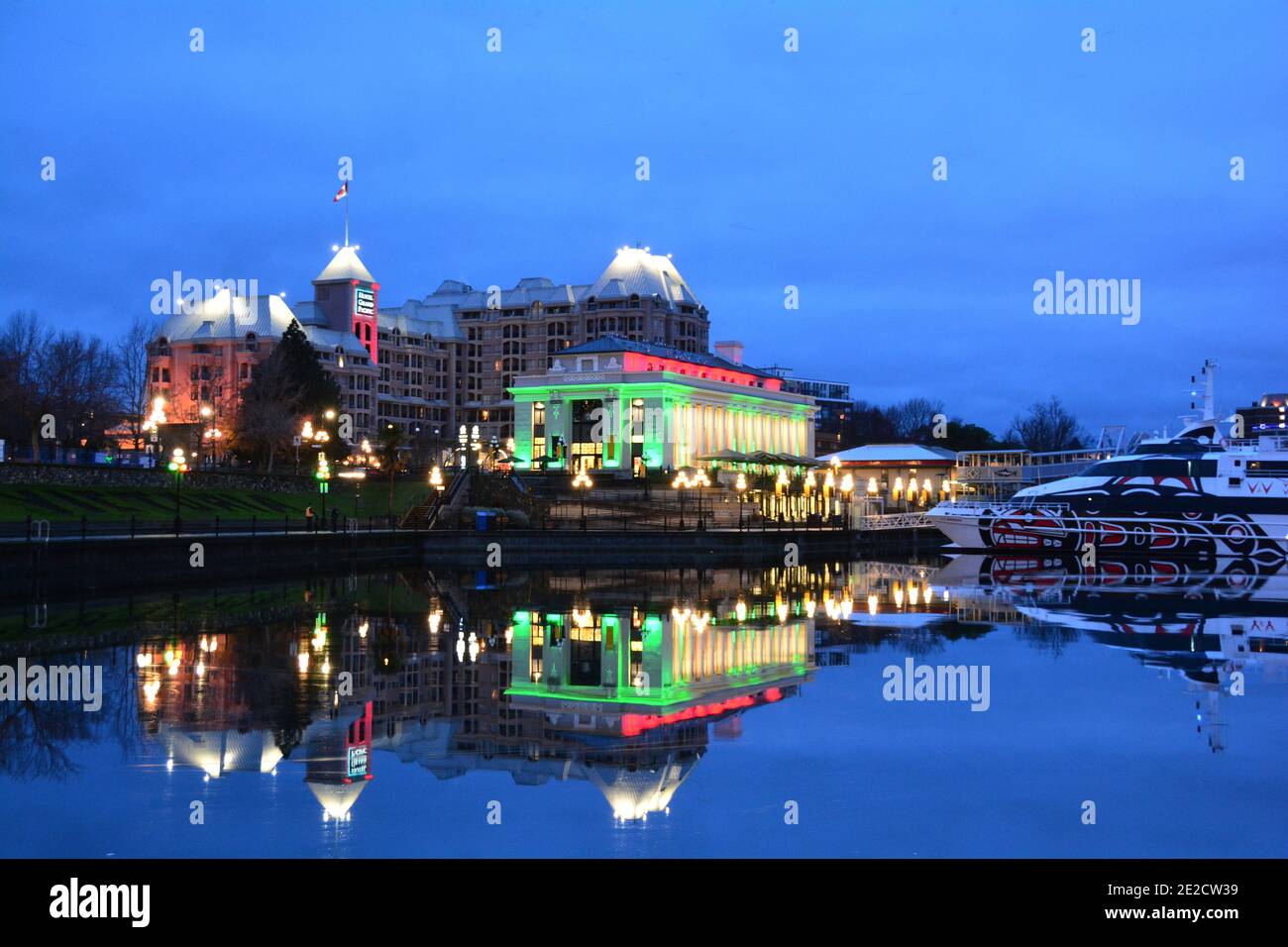 Victoria's beautiful inner harbor at Christmas time. Stock Photo