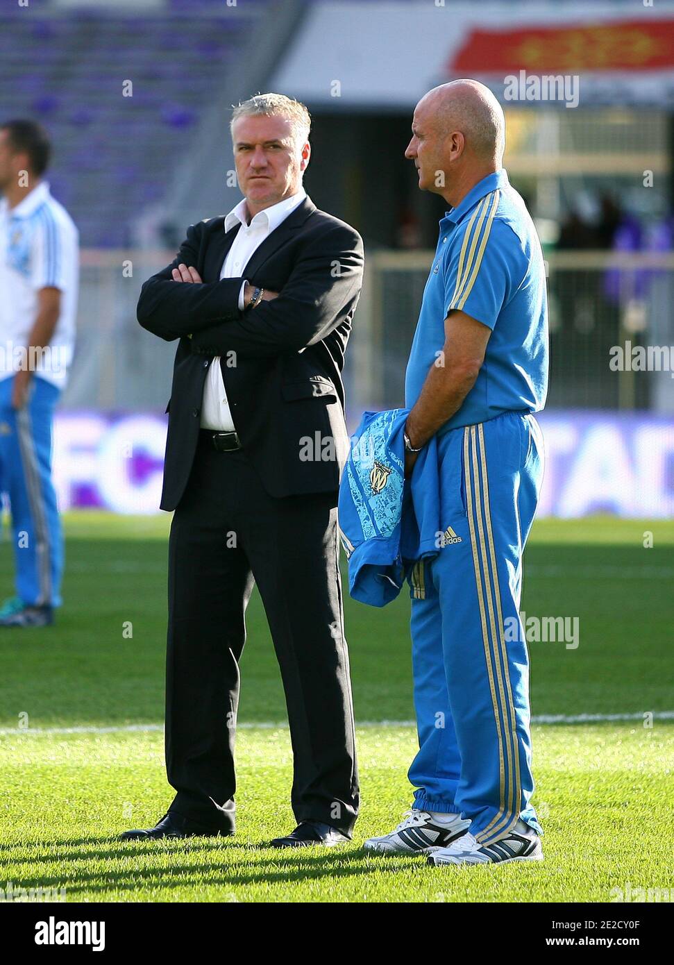 Olympique de Marseille's coach Didier Deschamps and Guy Stephan during the  French First League, Toulouse FC Vs Olympique de Marseille in Toulouse,  south of France on October 15, 2011. The match ended