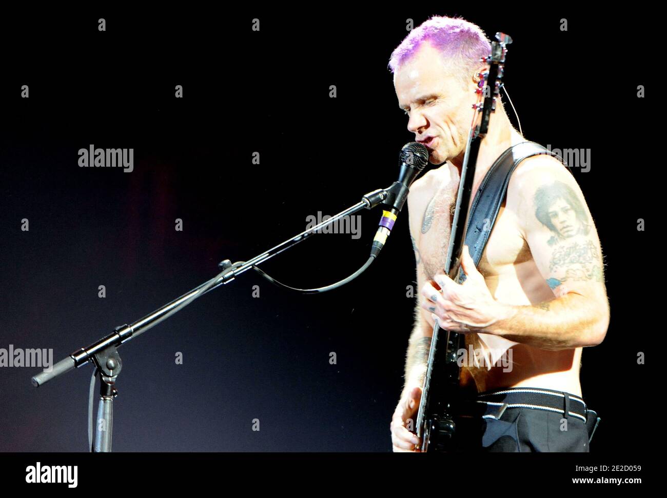 Bass player Flea, whose real name is Michael Peter Balzary, of the Red Hot Chili Peppers performs at the Paris-Bercy Concert Hall in Paris, France, October 18, 2011. Photo by ABACAPRESS.COM Stock Photo